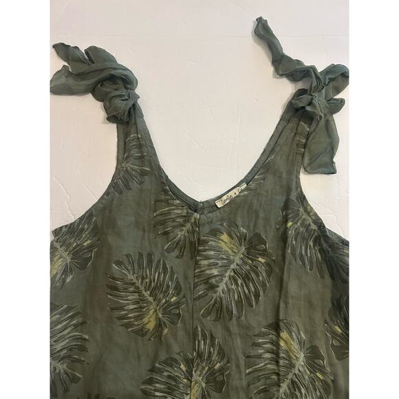 Women’s Small 100% Linen Olive Print Wide Jumpsuit Shoulder Bows Boho Lagenlook - Picture 13 of 16